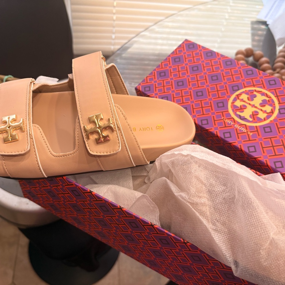 Tory Burch Beige Leather Double-Strap Slide with Gold Logo